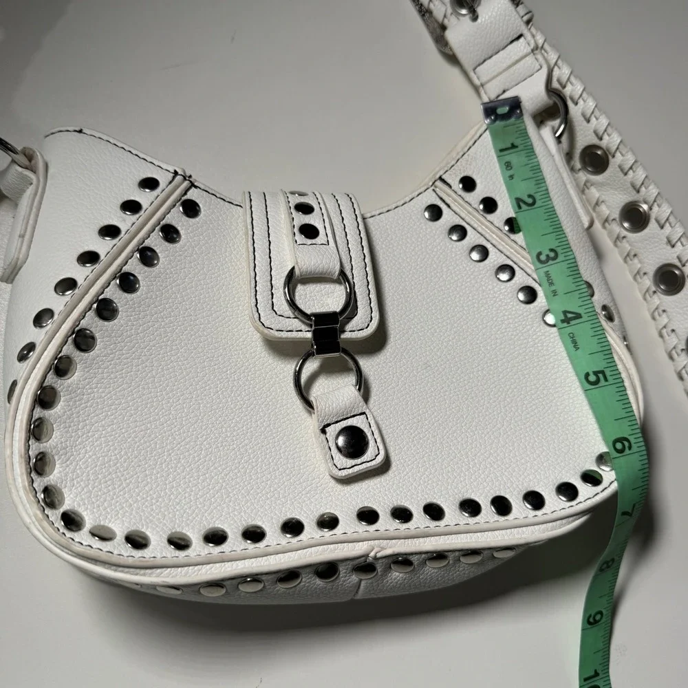 White Studded Shoulder Bag‎ Silver Studs Adjustable Strap Grunge purse